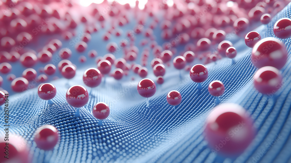 Poster abstract blue and pink three-dimensional background of many spheres separated from each other and re