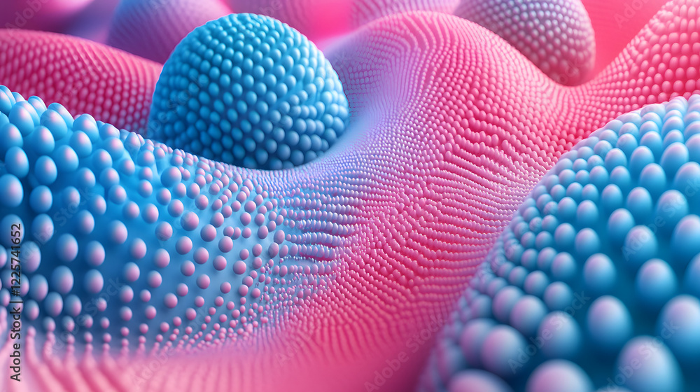 Poster abstract blue and pink three-dimensional background of many spheres separated from each other and re