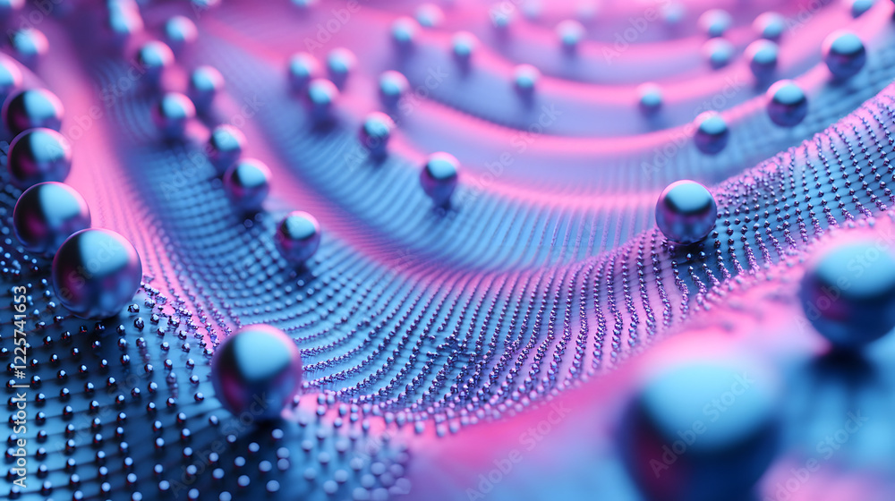 Poster abstract blue and pink three-dimensional background of many spheres separated from each other and re