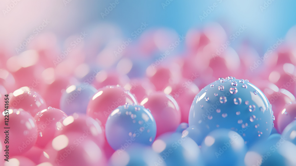 Poster abstract blue and pink three-dimensional background of many spheres separated from each other and re