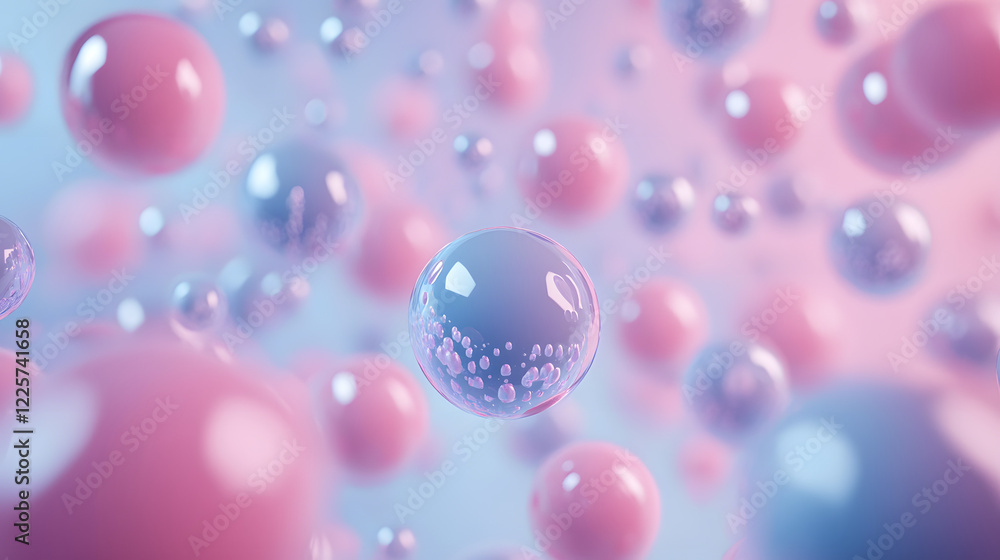Poster abstract blue and pink three-dimensional background of many spheres separated from each other and re