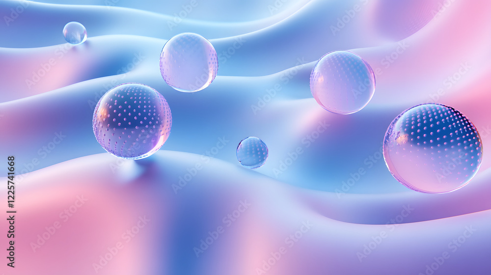 Poster abstract blue and pink three-dimensional background of many spheres separated from each other and re