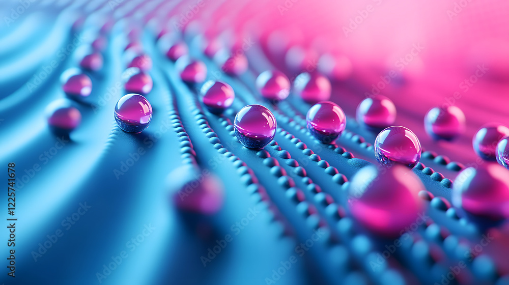 Poster abstract blue and pink three-dimensional background of many spheres separated from each other and re