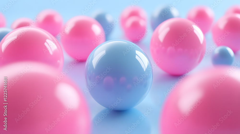 Poster abstract blue and pink three-dimensional background of many spheres separated from each other and re