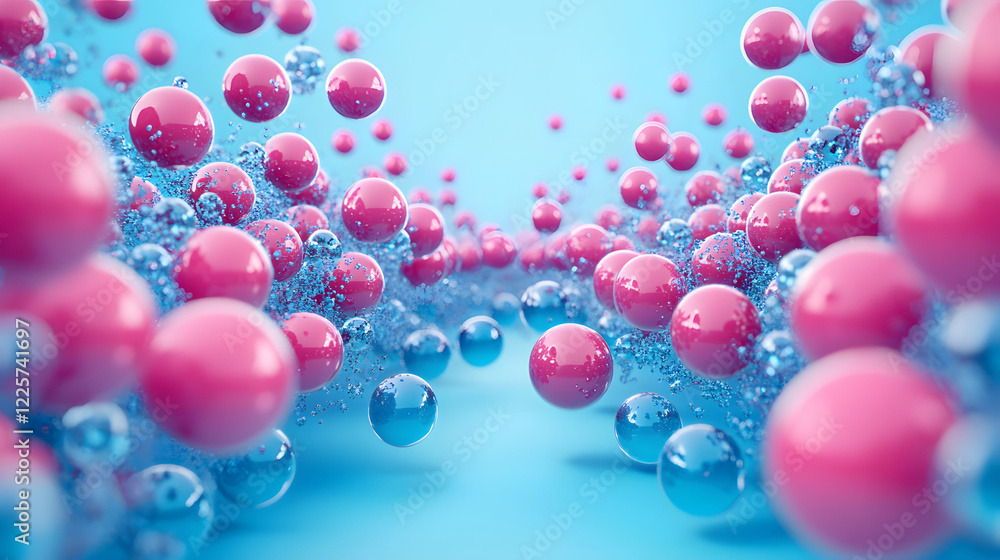 Poster abstract blue and pink three-dimensional background of many spheres separated from each other and re