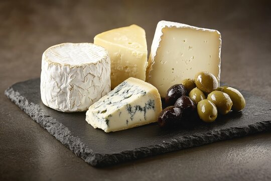 Assortment of cheeses including Camembert, Gouda, blue cheese, served with green and black olives on a slate board. - Powered by Adobe