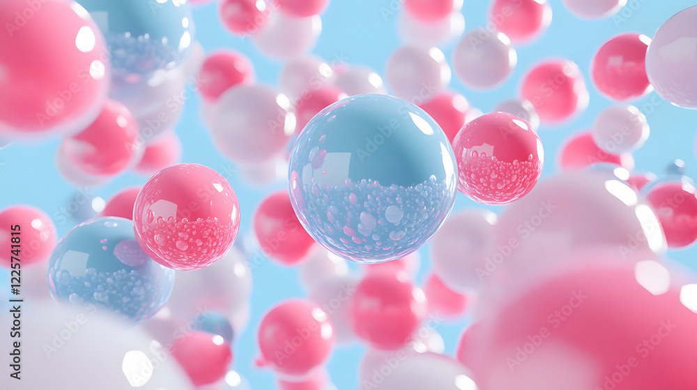 Poster abstract blue and pink three-dimensional background of many spheres separated from each other and re