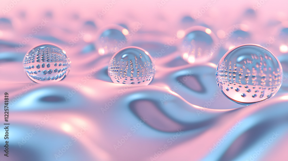 Poster abstract blue and pink three-dimensional background of many spheres separated from each other and re