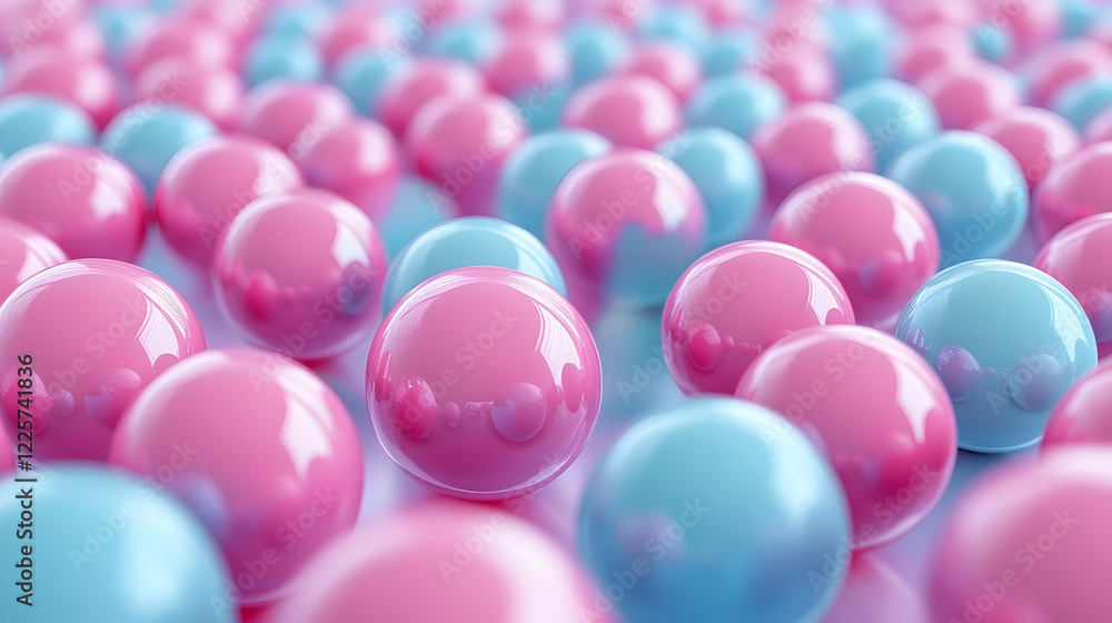 Poster abstract blue and pink three-dimensional background of many spheres separated from each other and re