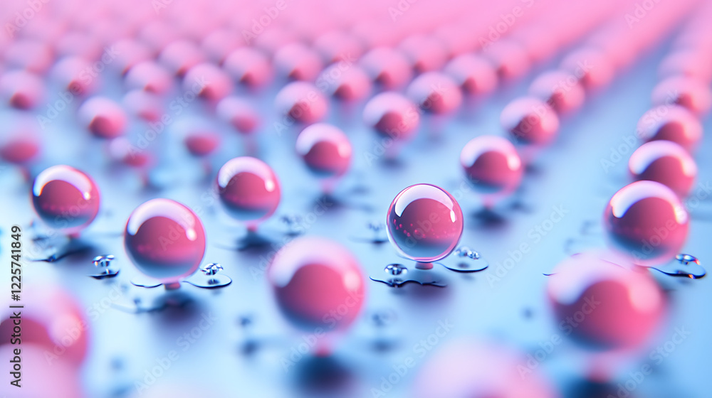 Poster abstract blue and pink three-dimensional background of many spheres separated from each other and re
