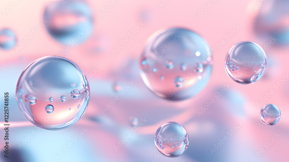 Poster abstract blue and pink three-dimensional background of many spheres separated from each other and re