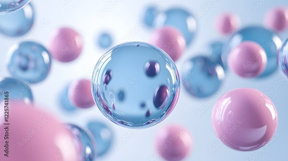 Poster abstract blue and pink three-dimensional background of many spheres separated from each other and re