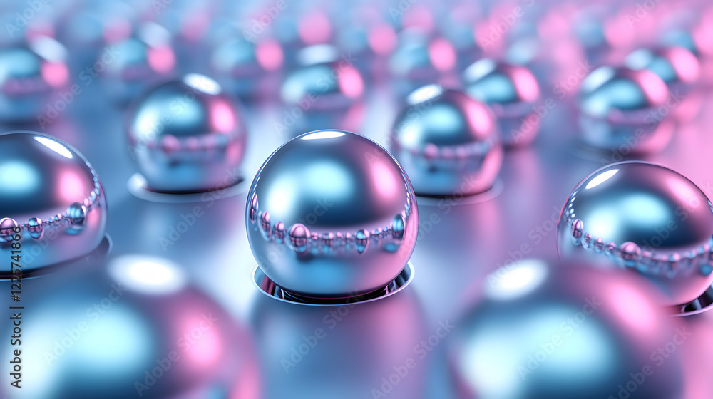 Poster abstract blue and pink three-dimensional background of many spheres separated from each other and re