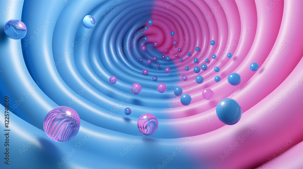 Poster abstract blue and pink three-dimensional background of many spheres separated from each other and re