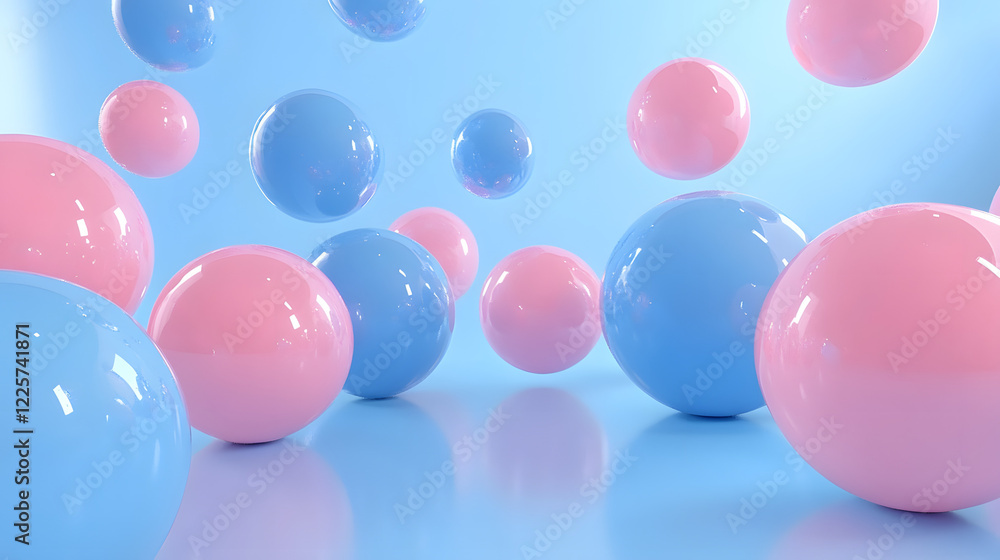 Poster abstract blue and pink three-dimensional background of many spheres separated from each other and re