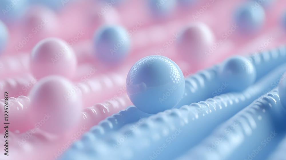 Poster abstract blue and pink three-dimensional background of many spheres separated from each other and re
