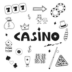 A casino-themed vector illustration featuring gambling doodles and bold 'Casino' text in black and white. Online games and entertainment-themed projects concept.