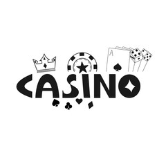 Casino word featuring with gambling elements. Vector illustration. Crown, poker chips, playing cards, dice. Gaming and entertainment industries concept.