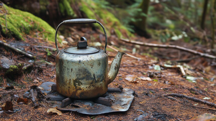 Obraz premium Photo of a small camp stove with a kettle boiling in a forest.
