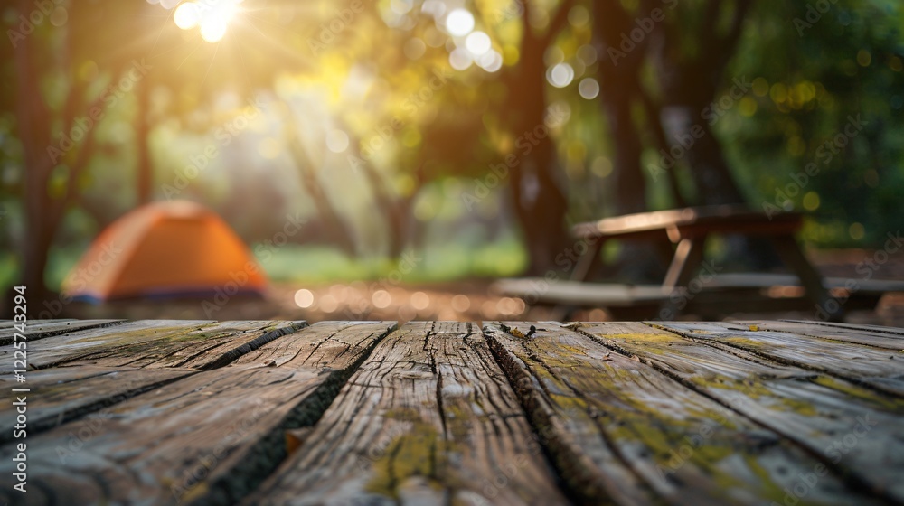 Poster empty wooden plank table top with blurred camping tent in the forest background, natural background 