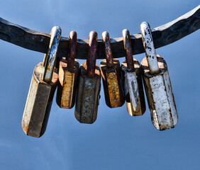 Love locks hang on the fence of the Bridge (Love Lock Bridge) above the river Crn Drim, Struga