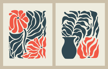Hand drawn organic shapes in red and dark blue on a cream background. Elegant poster or greeting card set. Abstract background.