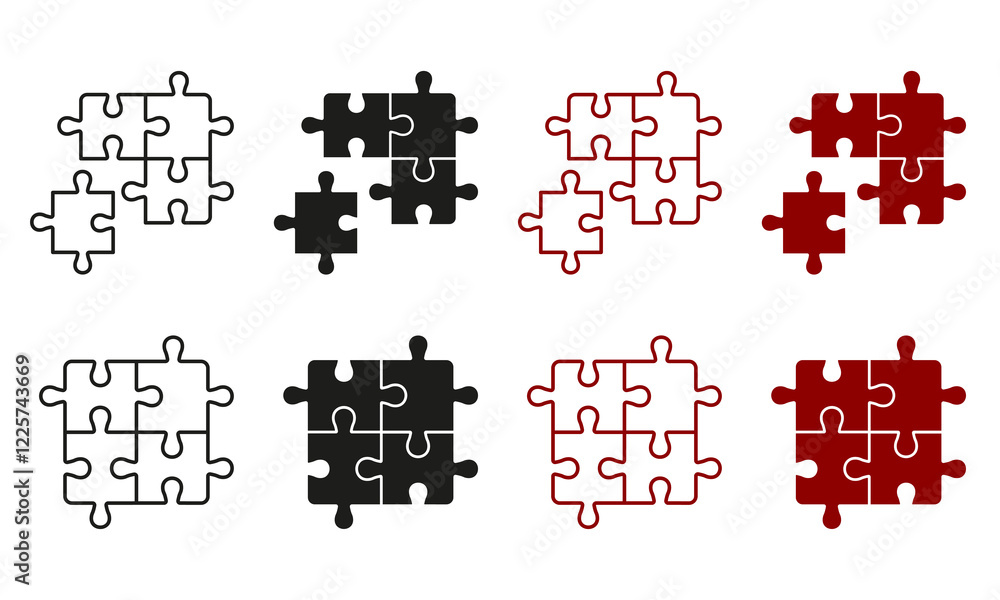 Aufkleber puzzle square pieces match line and silhouette icon set. logic combination pictogram. jigsaw solutio