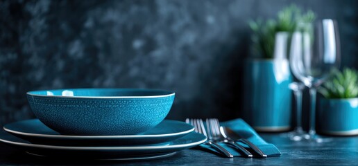 Teal tableware setting on dark table, plants & glasses blurred background; restaurant menu