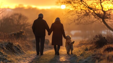 A couple holds hands while walking their dog along a tranquil path during sunset, surrounded by gentle hills and warm colors in the sky.
