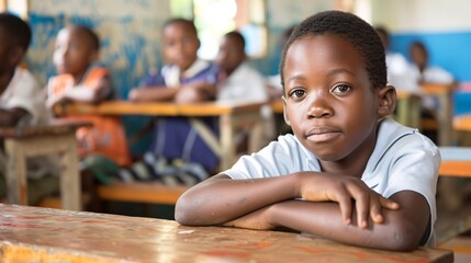 Hopeful student listening to his teacher in a crowded classroom in africa