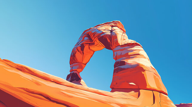 Vibrant sunset lights up the iconic delicate arch, a majestic freestanding natural sandstone formation, set against a clear blue sky in utah's desert landscape. Desert Arch. Illustration