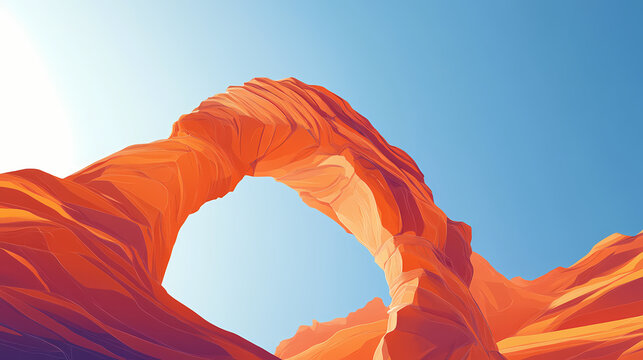 Vibrant sunset lights up the iconic delicate arch, a majestic freestanding natural sandstone formation, set against a clear blue sky in utah's desert landscape. Desert Arch. Illustration