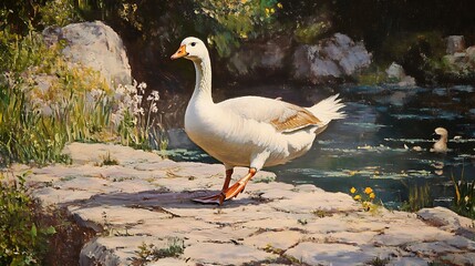 Fototapeta premium Domestic goose emerging from water