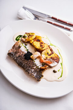 A beautifully plated dish featuring expertly grilled fish served with golden roasted potatoes, garnished with a rich creamy sauce and contrasting green elements