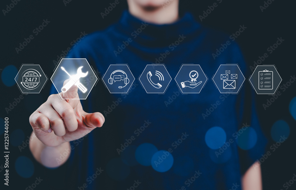 Aufkleber technical support and customer service concept. a person interacting with digital interface has cust