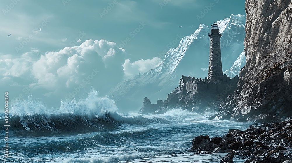 Poster a wild and rugged coastline with massive waves crashing against the cliffs and a lighthouse in the d