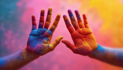Hands covered in colorful powder against vibrant background