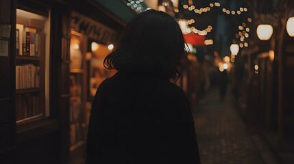 Obraz premium Silhouette Woman Walking Night City Street Lights Bookstore