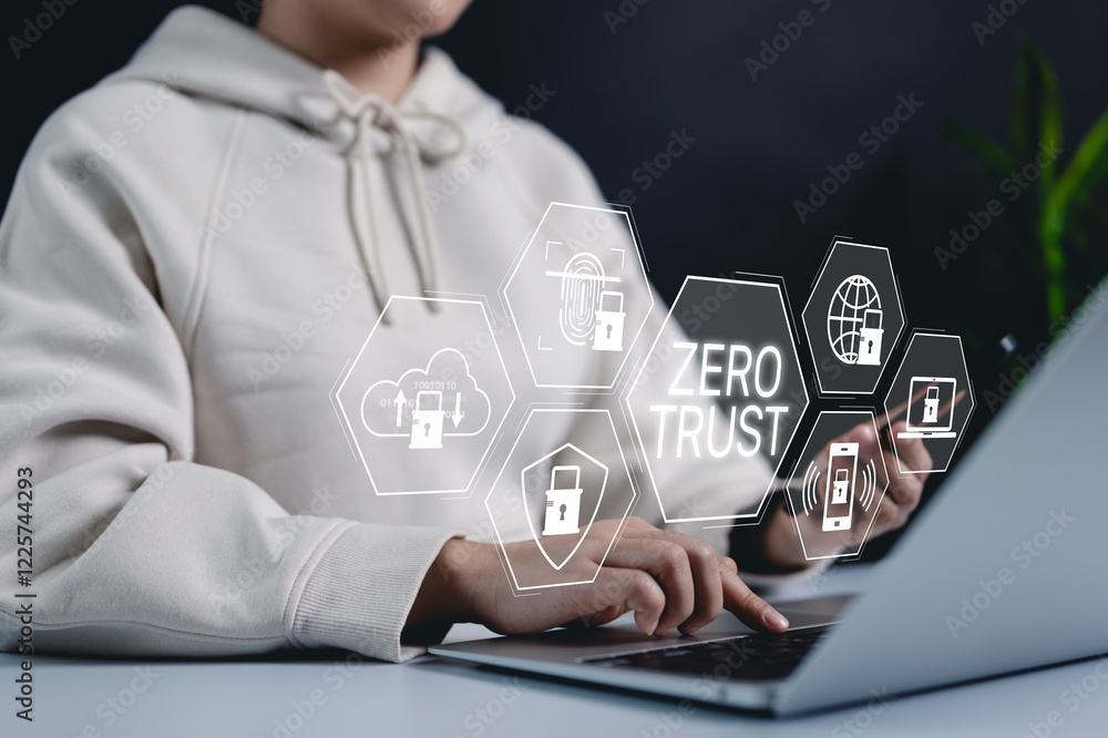 Poster zero trust security concept. a woman using a laptop with a digital interface zero trust security ico