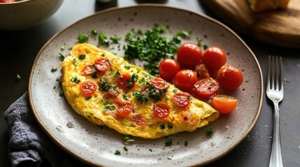 Omelette with Cherry Tomatoes and Parsley on a Plate