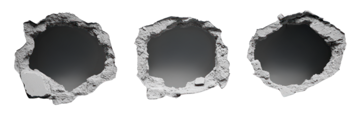 Three detailed broken wall holes with jagged edges showcasing damage, isolated on a transparent background. PNG