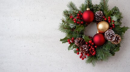 Festive Christmas wreath with red and gold ornaments, pine cones, and holly berries on a textured background; ideal for holiday cards