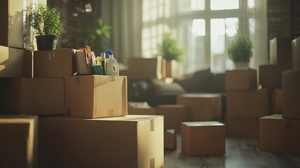 Sunlit room filled with moving boxes, symbolizing new beginnings and transitions. Ideal for real estate and relocation websites.