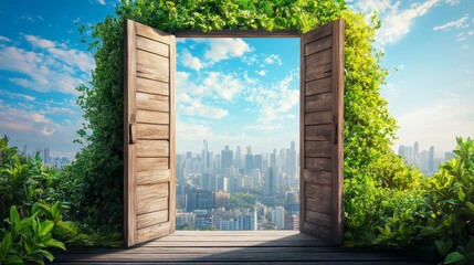 Found new world with green environment from open wooden door against cityscape background