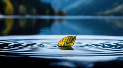 Autumn leaf floats on calm lake, mountains background, nature peace.  Use websites, calendars