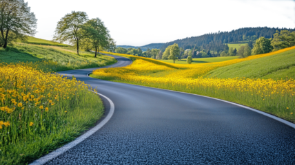 Winding Asphalt Road with Green Meadow and Yellow Flowers – Scenic countryside road with lush green hills, trees, and bright yellow wildflowers, suitable for travel, landscape, and nature theme