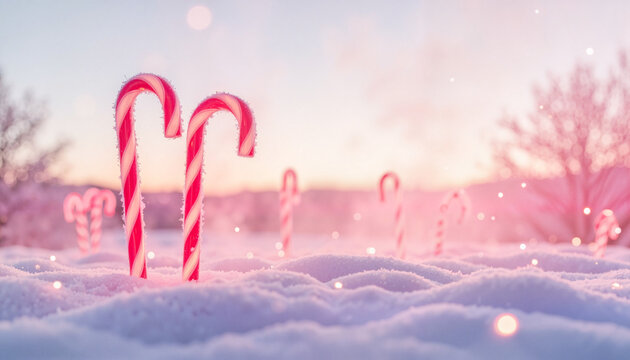 Glowing candy canes sprouting in snowy meadow at sunrise, holiday magic