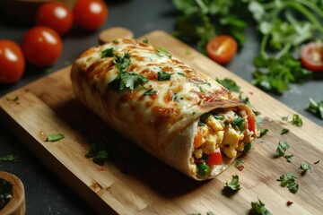 A wholesome breakfast burrito filled with scrambled eggs, cheese, and vegetables