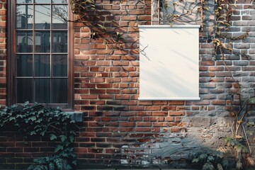Blank canvas on brick wall with ivy and window in sunlight