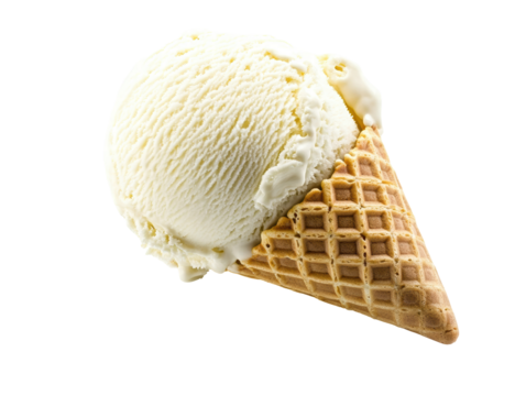 Isolated vanilla ice cream cone, tilted scoop